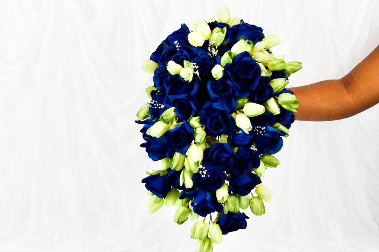 Navy Blue and Green Wedding Cascading Bridal Bouquet